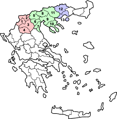 Imagem: Wikipédia (rosa, Macedónia ocidental; verde, Macedónia central; azul, Macedónia ocidental)